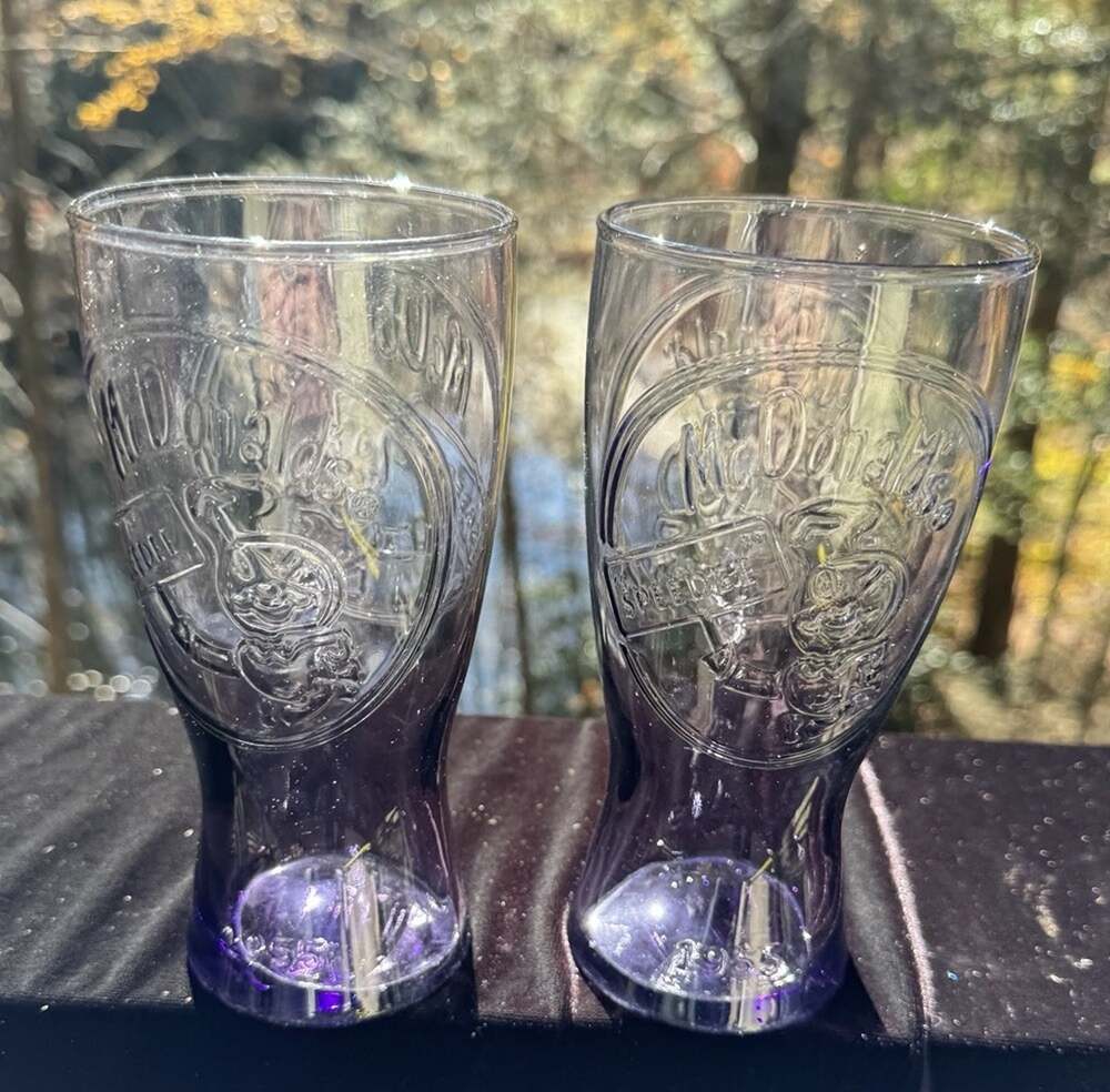 2 Vtg McDonald’s Purple 1955 Speedy Glass Collector’s Cup Glasses Mint -10/29